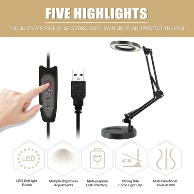 Obrázek produktu pro 5násobná lupa, stolní lampa, lupa, LED osvětlení, skládací, na čtení, se třemi režimy stmívání, napájení přes USB