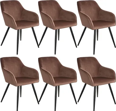 Six brown upholstered chairs with black legs are arranged in two rows of three against a white background.