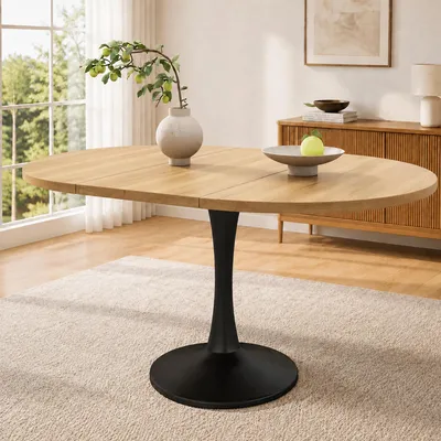 Productafbeelding van Uitschuifbare eettafel, 100/140 x 100 x 75 cm, ovale eettafel met variabele lengte, gemaakt van MDF en ijzer, ruimtebesparend design, gemakkelijk te reinigen oppervlak, eikenkleur