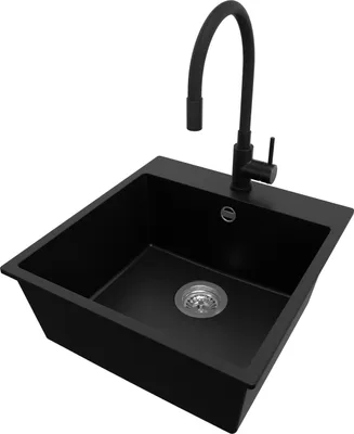 Produktbild von PRIMAGRAN Granitspüle Schwarz 48x50cm, Spülbecken 1 Becken + Küchenarmatur 40x38cm + Ablauf-Set, Küchenspüle ab 50er Unterschrank - Riga