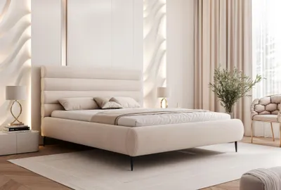 Zdjęcie produktu dla BESILIO Stylowe łóżko z pojemnikiem 140x200 Marbella II- łóżko tapicerowane na wysokich nogach, stelaż drewniany - Kremowe
