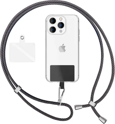Obrázok produktu pre NALIA Univerzálna šnúrka s 2 podložkami a karabínou - 160 cm reťaz na mobilný telefón - sivá čierna