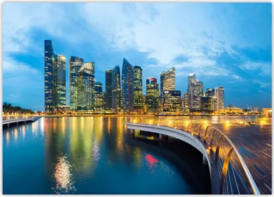 Produktbild von XXL Poster 100 x 70cm (G-300) Skyline von Singapur mit Wolkenkratzer und Meer / Hafen im Vordergrund Anlegesteg Skyscraper im Lichtermeer Palmen (Lieferung gerollt )