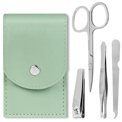 Image de Kit de manucure et pédicure, 4 pièces, en acier inoxydable poli, avec étui vert