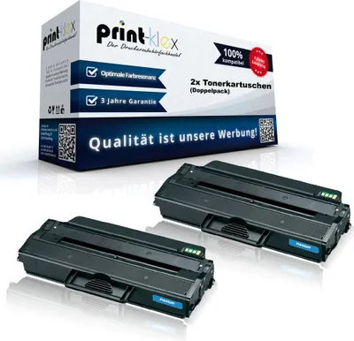 Two toner cartridges are displayed in front of their packaging.