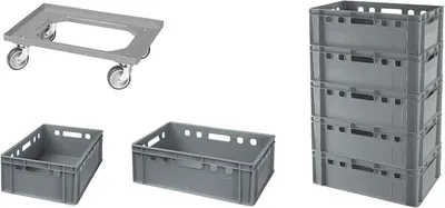 Produktbild von 7 Stück E2-Kasten grau + 1 Transportroller mit vier Lenkrollen grau
