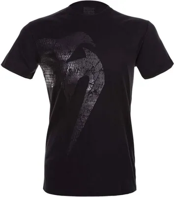 A black t-shirt with a distressed graphic print.