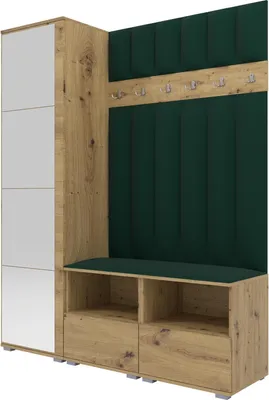 Produktbild von Garderoben-Set Nela II LUX mit Spiegel, gepolsterte Garderobe 150 cm mit Doppel-Sitzbank, Wandpaneelen und Stauraum (Farbe: Artisan Eiche + Trinity 28)