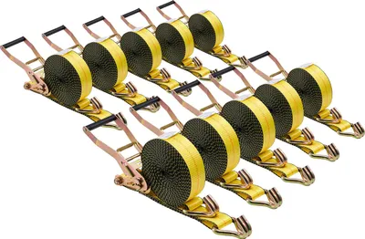 Obrázek produktu pro SucceBuy upevňovací popruhy 50,8 x 9144 mm, robustní upevňovací popruhy s dvojitými J-háky, přetržení 4536 kg, ráčnový mechanismus pro přepravu, přívěsy, motocykly, kajaky, střechy automobilů, sada 10 kusů