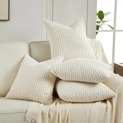 Produktbild von Set mit 4 Kissenbezügen im Boho-Stil, aus Cordvelours, 45 x 45 cm, Creme, einfarbig, flauschig, Kissenbezug, dekoratives Kissen, Dekoration für Sofa, Schlafzimmer