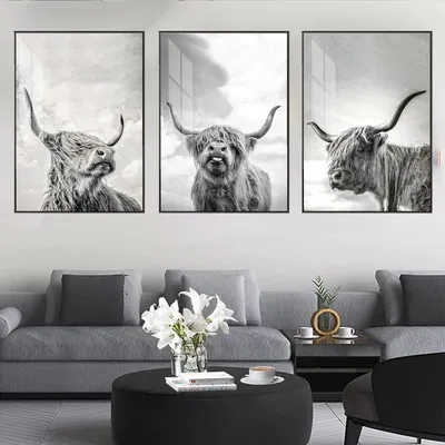 Immagine prodotto di Set di poster su tela raffiguranti mucche dell'Highland, in bianco e nero