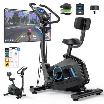 Productafbeelding van Hometrainer, fietsergometer met rugleuning, bediening via app, automatische weerstandsregeling, 16 standen, met 2 trekbanden, Bluetooth-compatibel