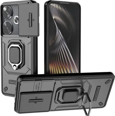 Immagine prodotto di Custodia per Xiaomi Redmi Turbo 3 a doppio strato con protezione scorrevole per la fotocamera e supporto per l'anello, supporto nero