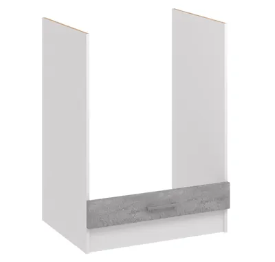 A white kitchen cabinet base with a gray concrete-look drawer front and a silver handle.