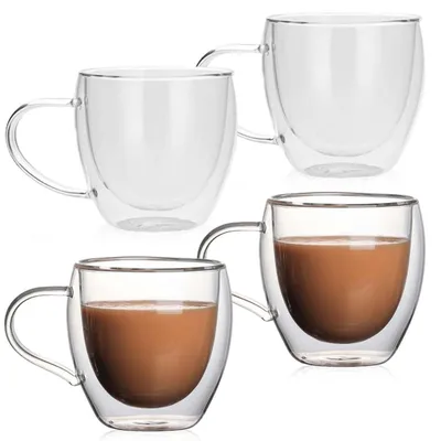 Obrázek produktu pro Sklenice na kávu, 4 kusy, s uchem, objem 250 ml, dvouplášťové, odolné vůči teplu a chladu