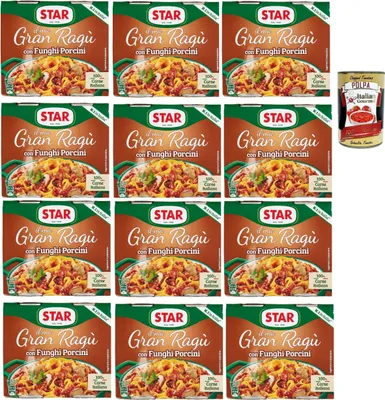 Produktbild von Star Il mio Gran ragù 'Con Funghi Porcini', ragu sauce mit Steinpilzen, N.1 in Italien, mit 100% italienischem Fleisch, 12 Packung mit 2 Dosen à 180g + Italian Gourmet polpa 400gr