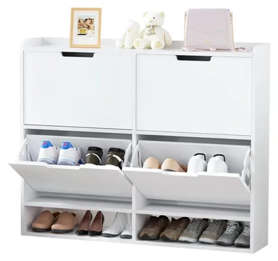 Produktbild von Schuhschrank - Schuhaufbewahrung - Schuhregal - Schuhmöbel - Weißer Schuhschrank - 4 Schubladen - Klappdeckeldesign