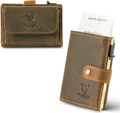 Produktbild von Wallet mit XL-Münzfach, Leder Kreditkartenetui mit POP-UP Kartenhalter - mit RFID-Schutz, Mini Portemonnaie – kleine Geldbörse Männer mit Geschenk-Box