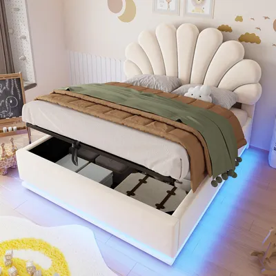 Produktbild von Merax Polsterbett 140x200cm mit Blüten Kopfteil und LED Beleuchtung, Doopelbett mit Hydraulischem Stauraum, Metallrahmen, Samt Stoff, Beige