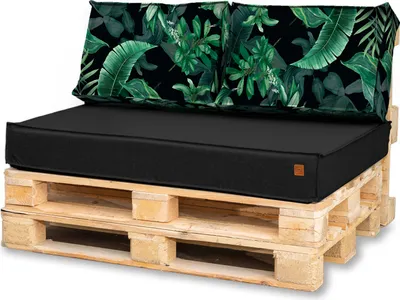 Zdjęcie produktu dla Poduszka na palety 120 x 80 Zestaw do mebli z palet Wodoodporne europalety Poduszka do siedzenia Wyprodukowano w UE Kompletna sofa z palet składa się z 3 części w kolorze: czarnym z zielonymi liśćmi