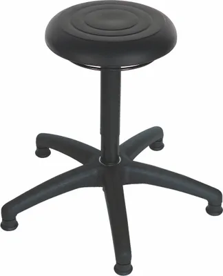 Produktbild von Drehhocker Atlanta | Sitzhöhe 42-61cm | Ø 63cm | Tragfähigkeit 110kg | Polyurethane-Soft Sitz | Kunststof-Fußkreuz mit Gleiter | Ringauslösung | Schwarz