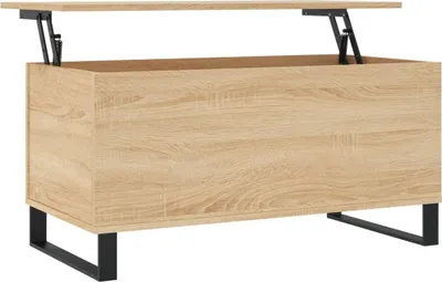 A light brown wooden lift-top coffee table with black metal legs, viewed from the front at a slight angle.