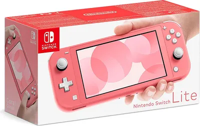 A Nintendo Switch Lite console in Coral color, presented in its retail packaging.