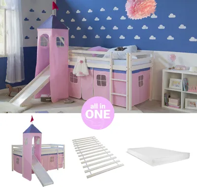 Produktbild von Homestyle4u Hochbett 90x200 mit Matratze Turm Rutsche Vorhang rosa Kinderbett Weiß Holz Kiefer Massiv Lattenrost