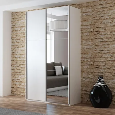 Produktbild von Krudox PRV Kleiderschrank Schiebetür Weiß 122 cm mit Spiegel 2 Kleiderstangen Schlafzimmer Schrank