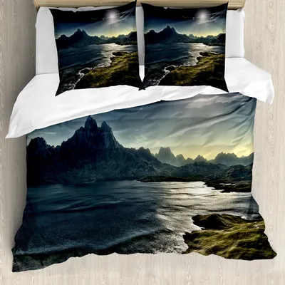 Produktbild von ABAKUHAUS Fantasie Bettbezug Set, Bild Der Dunklen Fantasie Landschaft Mit Sunbeams Über Ozean Seeküsten Klippen Berg, 155 x 220 cm + 80 x 80 cm, Grün