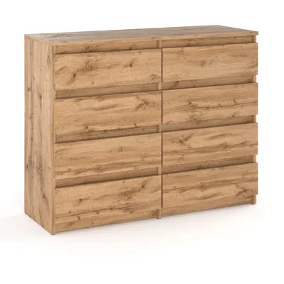 A wooden dresser with eight drawers against a white background.