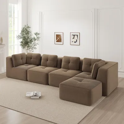 Produktbild von Cordstoff-Viersitzer-Sofa L-Form, rahmenlos, Tiefensitz, 386 x 177 x 69 cm, Braun