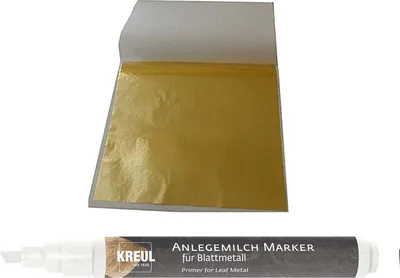 Produktbild von 50 Blatt Blattgold Imitation Blattmetall Schlagmetall 13,5 cm x 13,5 cm zum Vergolden & Basteln + 1 x Kreul Marker Anlegemilch im Stift
