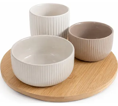 Produktbild von Set mit 3 Keramikschalen zum Servieren mit rundem Bambustablett