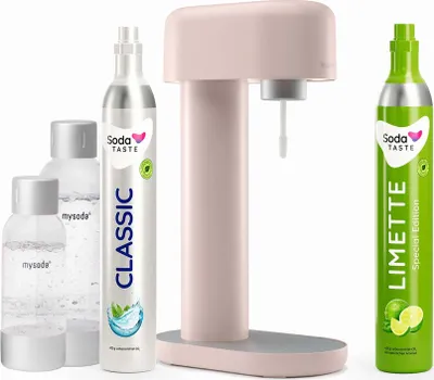 Immagine prodotto di Offerta speciale: macchina per acqua frizzante Ruby (rosa) + bombola CO2 lime