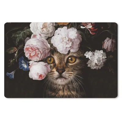 Produktbild von MuchoWow® Schreibtischunterlage Katze - Blumen - Kunst 60x40 cm - XXL Mauspad - Großes Mauspad