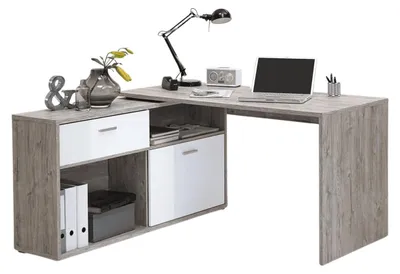 Image de FMD Möbel DIEGO Bureau d'angle - Chêne sable / blanc brillant - Dimensions : 138 cm x 75 cm x 138 cm ; 367-001