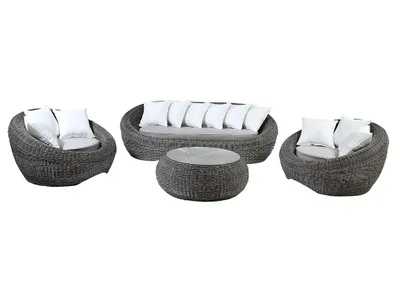 Produktbild von Gartenmöbelgarnitur WHITEHEAVEN aus grauem Technorattan: Sofa, 2 Sessel und Bank