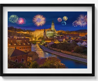 Produktbild von Feuerwerk in Krumau (Tschechische Republik)– Wandbild mit Rahmen – Gerahmtes Bild  – Wanddekoration – 80x60 cm –  Schwarz Rahmen