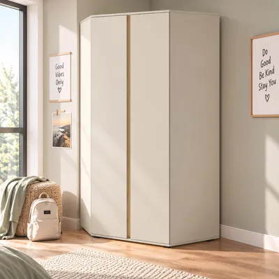 Produktbild von Jugendzimmer Eckkleiderschrank 95 cm breit in Beige mit Eiche, 2 Türen, 2 Kleiderstangen - LAUKA-133