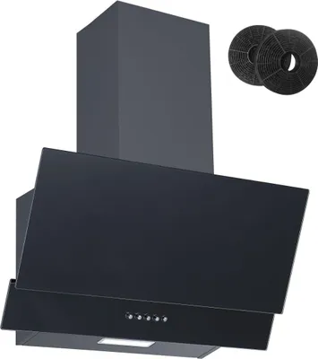 A black kitchen range hood with a chimney and two charcoal filters.