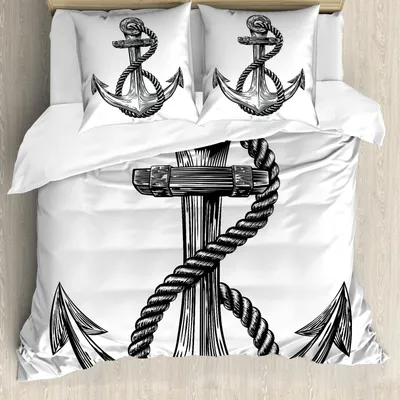 Produktbild von ABAKUHAUS Anker Bettbezug Set, Vintage Skizze Nautisch Maritim Ozean Ikonen Seil Gekritzel Illustration, 155 x 220 cm + 80 x 80 cm, Schwarz und weiß