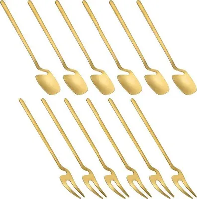 Produktbild von Edelstahl-Minidessertlöffel- und Gabelset, 12-teilig, Gold, für Dessert und Kaffee