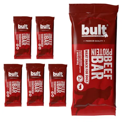 Obrázek produktu pro BULT | Proteinové tyčinky pro psy, hovězí – pamlsky pro psy, balení 5x75 g – bez kuřecího masa – doplňkové krmivo – 86 % podíl masa
