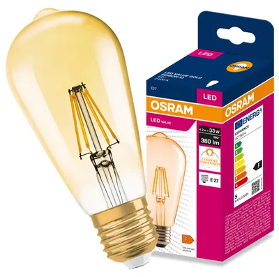 Obrázek produktu pro LED žárovka E27, 4,2 W = 33 W, 380 lm, 2400 K, teplá bílá, filamentový design, řada VALUE, výrobce Osram, Obrázek vytvořený pomocí AI