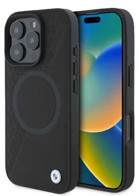 Obrázok produktu pre Etui Bmw Signature Leather Half Textured & Circle Magsafe Na Iphone 16 Pro - Čierne