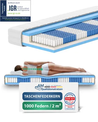 Produktbild von AM Qualitätsmatratzen | 1000 Federn 7-Zonen Taschenfederkernmatratze | 280x200 cm - H3 | 280/200 | Federkernmatratze | Härtegrad H3