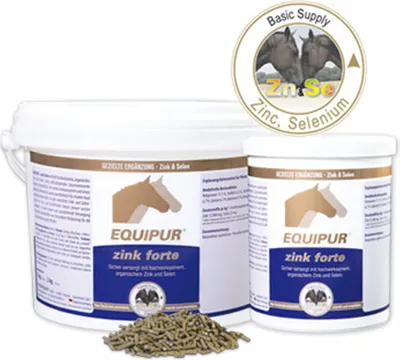 Two tubs of Equipur zink forte horse supplement, with a pile of pellets in the foreground and a circular marketing graphic in the background.