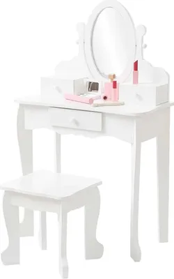 Image de Coiffeuse pour enfants - Ensemble coiffeuse avec chaise - Miroir réglable - Tiroir - Blanc