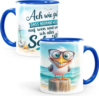 Produktbild von Tasse Möwe Spruch - Ach wie gut dass niemand weiss - Bürotasse lustige Kaffeebecher fürs Home Office - Geschenkidee Kollegen Keramik MoonWorks®